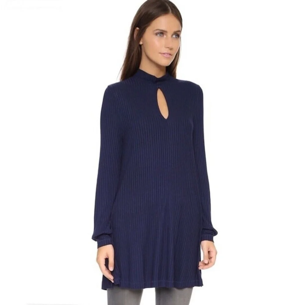 We‎ The Free People Blue Long Sleeve Mock Neck Flare Ribbed Tunic Dress Top XS